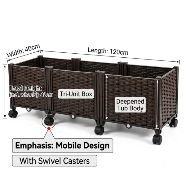 Raised Garden Bed 3-Cell Mobile Planter with Wheels