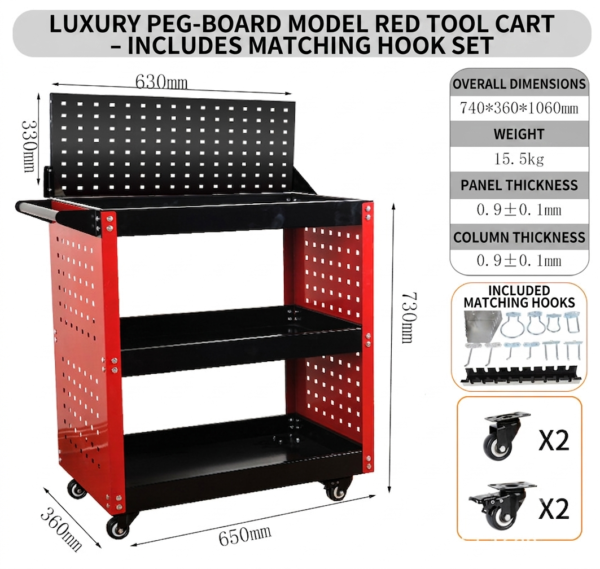 Mobile Tool Cart 3-Tier Heavy Duty Pegboard