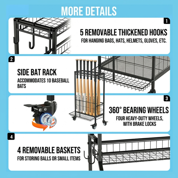 Sports Storage Cart Rolling Heavy Duty Ball Rack